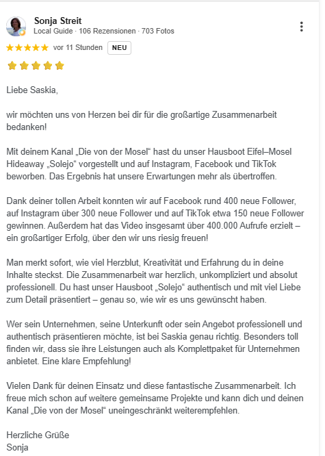 5-Sterne-Google-Bewertung von Sonja Streit, Eifel Mosel Hideaway, über die Zusammenarbeit mit 54-56 Media