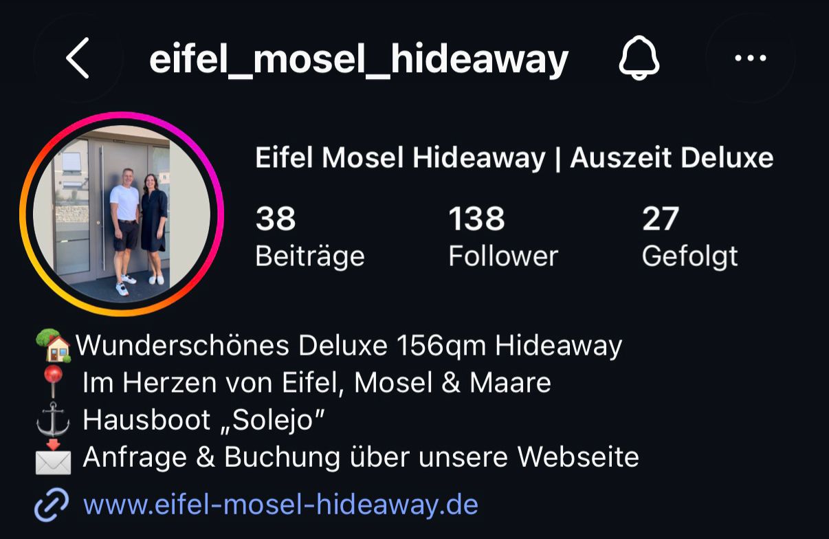 Instagram-Profil Eifel Mosel Hideaway vor der Kooperation – 138 Follower