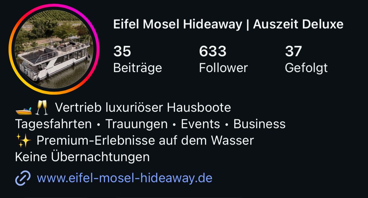Instagram-Profil Eifel Mosel Hideaway nach der Kooperation – 633 Follower