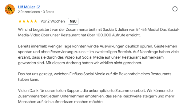 5-Sterne-Google-Bewertung für die Social-Media-Betreuung durch 54-56 Media (2)