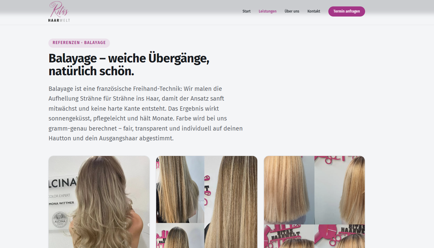 Referenzseite Balayage von Ritas Haarwelt mit Vorher-Nachher-Bildern